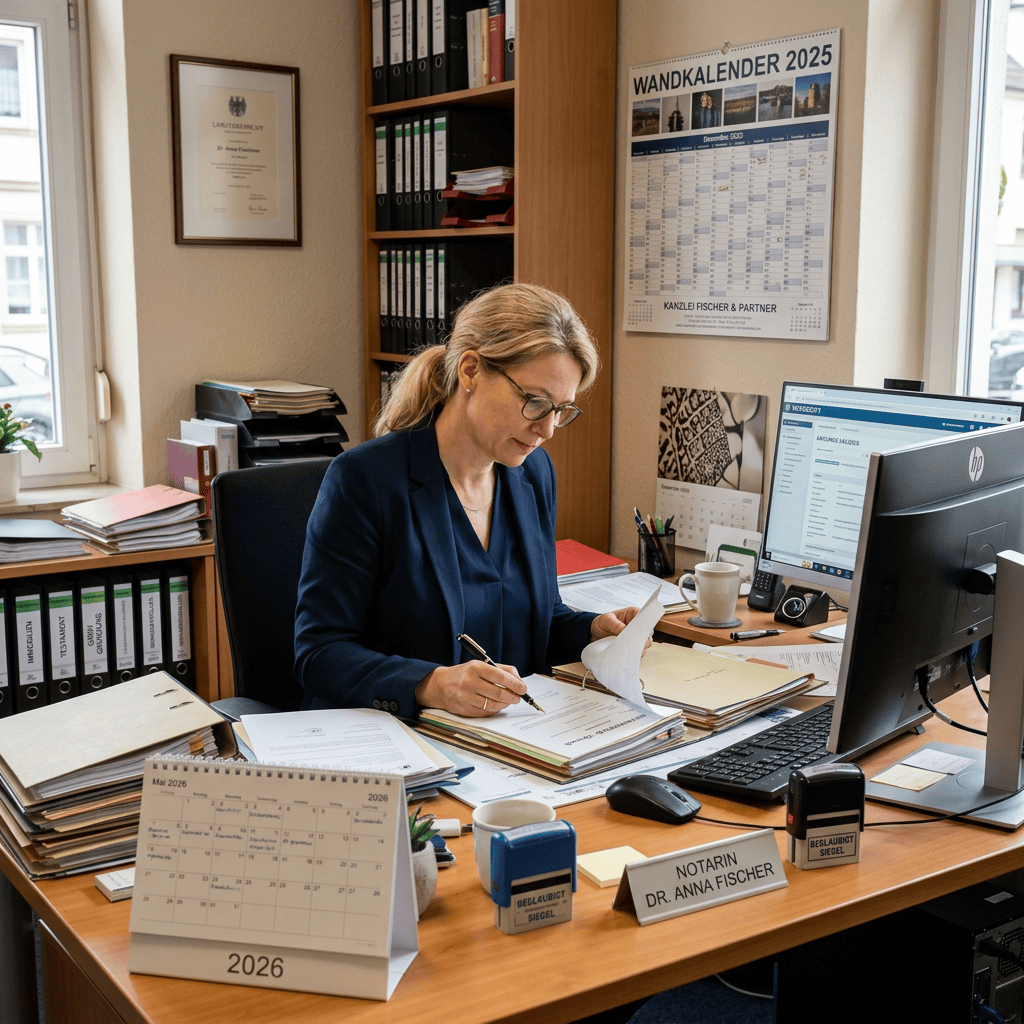 Notary reviewing documents at an office desk beside a computer