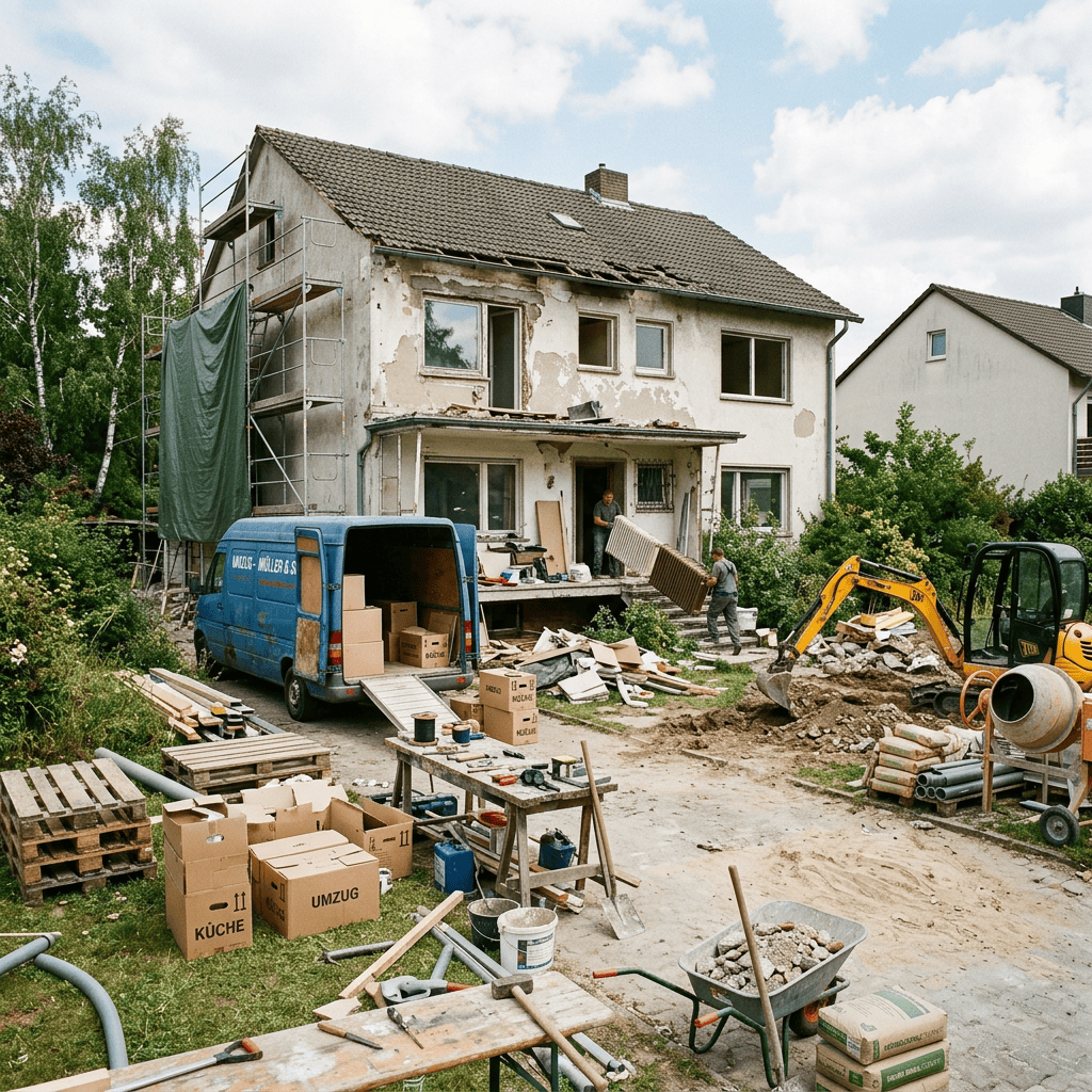 Workers renovating a house surrounded by moving boxes and construction equipment